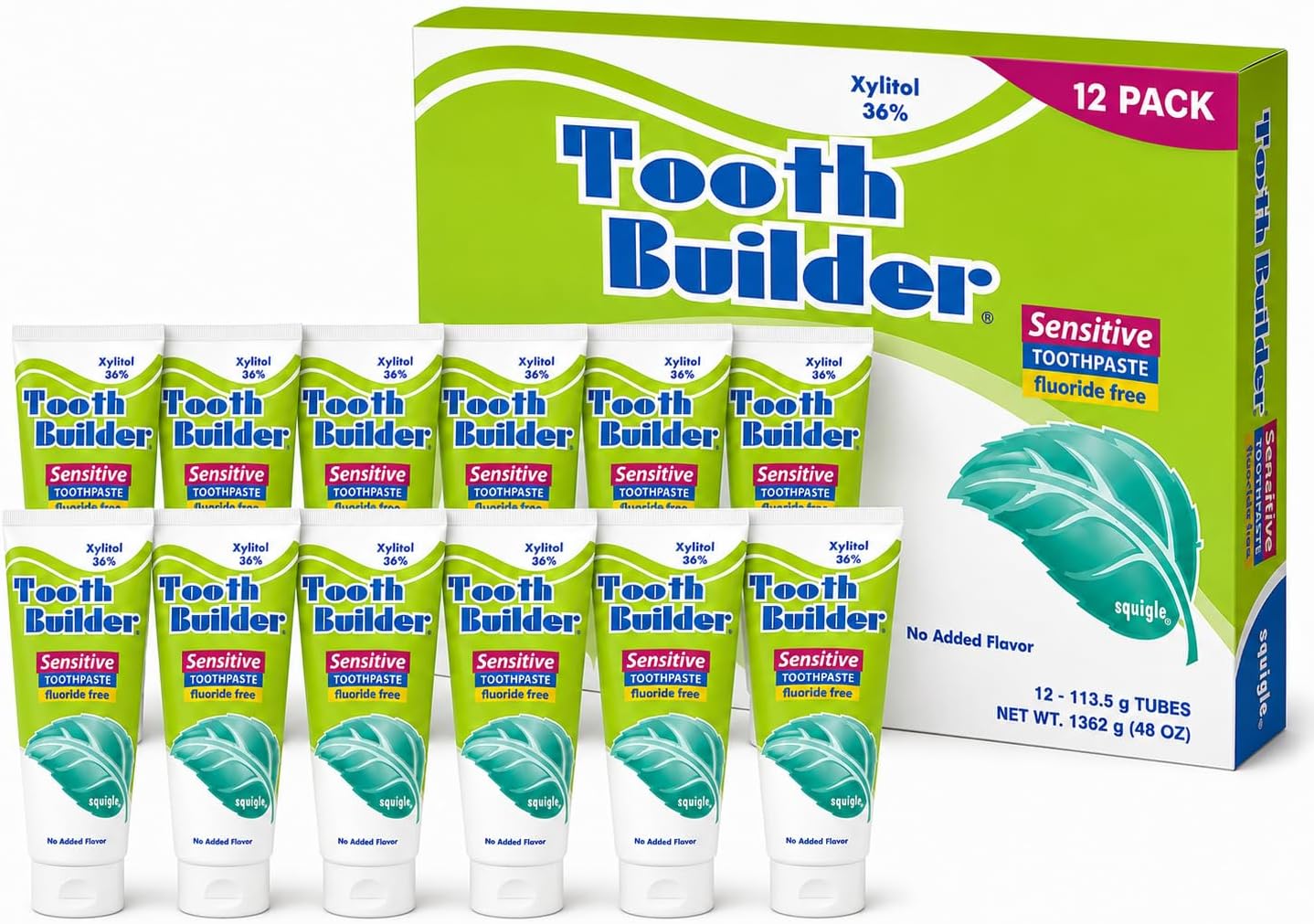 Squigle Tooth Builder Toothpaste for Sensitive Teeth   Unflavoured/Mint Free, Fluoride Free, 36% Xylitol, SLS Free, Low Foam - 12 Pack