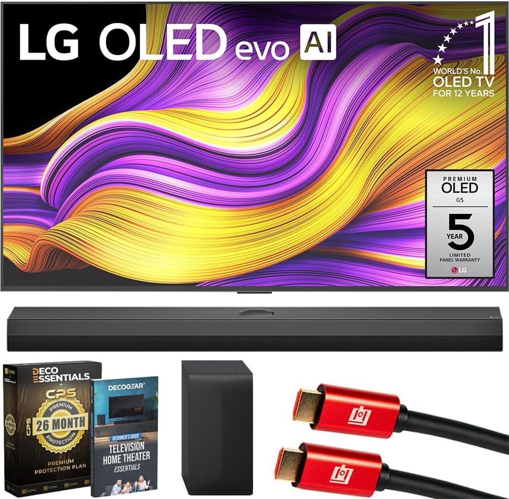 LG 55 Inch G5 Series OLED evo 4K UHD webOS TV with One Wall Design (2025) OLED55G5WUA Bundle with S70TY Soundbar, 26 Month Protection Pack, 2X HDMI Cable and Deco Gear Home Theater Beginner's Guide