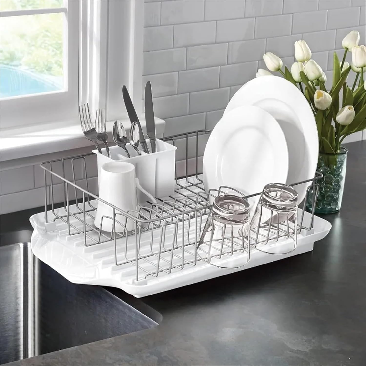 Classic Large Rust Resistant Full Dishrack with Removable 3 Compartment Flatware Caddy Andlged Drain Board 3Piece White