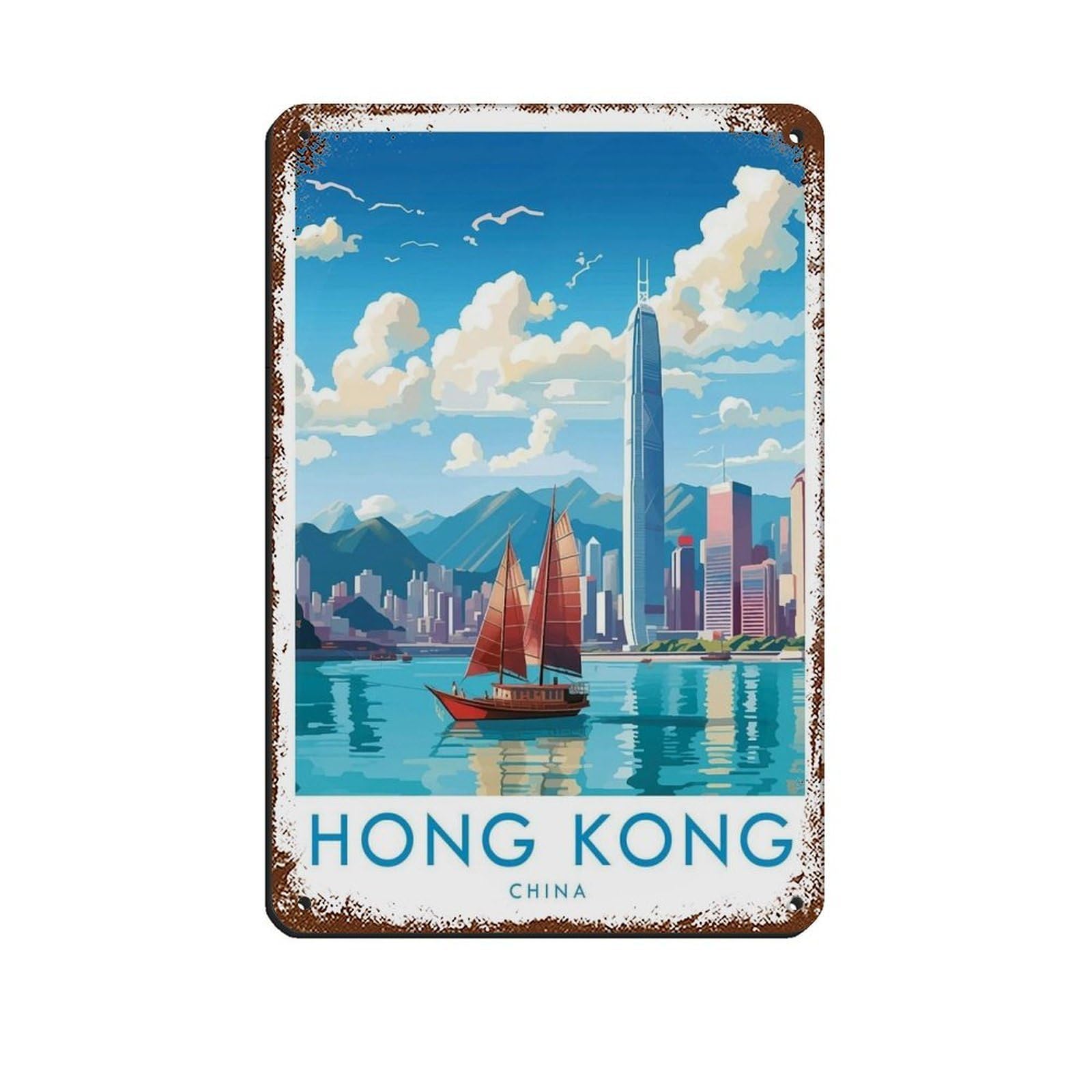 Hong Kong Travel Poster, China Retro Poster Metal Tin Sign Chic Art Retro Iron Painting Bar People Cave Cafe Family Garage Poster Wall Decoration 8x12inch(20x30cm)