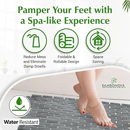 Miniatura 10 de Tapete de baño de bambú de 24 x 16 pulgadas y jabonera de madera, tapetes de baño, tapetes de baño antideslizantes para baño, cocina, sauna, spa,