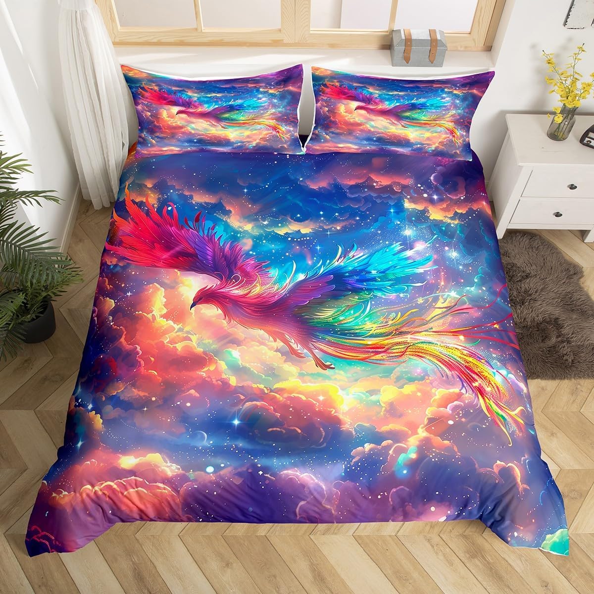 Colorful Bird Duvet Cover Set Toddler Size,Rainbow Cloud Bedding Set for Kids Boys Girls Room Decor,Cartoon Dreamy Comforter Cover,Beautiful Bird Quilt Cover with 1 Pillowcase(No Comforter)
