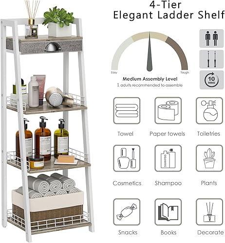Miniatura 7 de keomaisyto Elegante estante de escalera de 4 niveles, estante de almacenamiento para baño, estantería de escalera con cajón, estantes