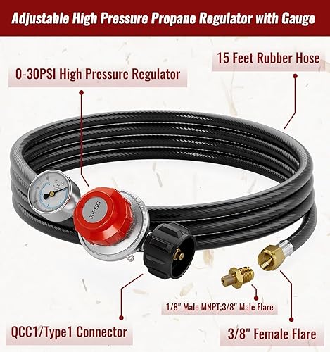 Vista 28 de Manguera reguladora de propano de alta presión de 15 pies con medidor, regulador de tanque de propano ajustable de 0 ~ 30 PSI, acero inoxidable