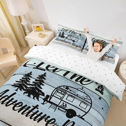 Miniatura 5 de Juego de funda de edredón de campamento feliz, juego de ropa de cama tamaño Queen, funda de edredón a rayas coloridas, ropa de cama temática de