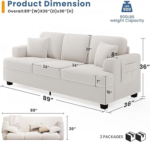Miniatura 2 de KKL Sofá de asiento profundo de 89 pulgadas con almohada, sofá moderno, sofás para sala de estar, sofá cómodo, sofá cama, Bouclé, blanco roto