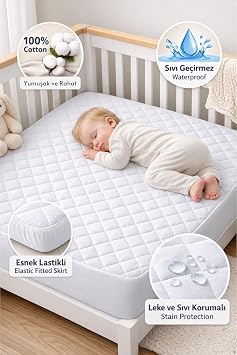 Formeya Beyaz%100 Pamuk Kapitone Fitted Su Sıvı Geçirmez Bebek-Çocuk Alezi, Park Yatak Beşik Yatak Alezi, 70x120