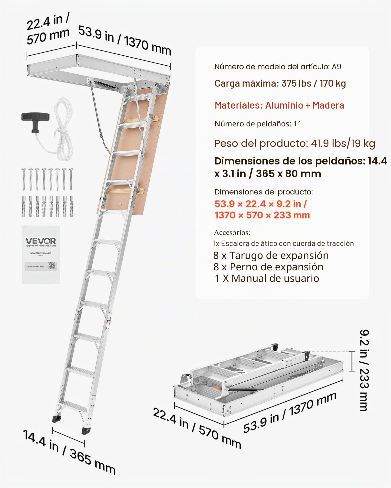 VEVOR Escalera Escamoteable de Aluminio para Techo, Escaleras de Ático Plegable con Trampilla, Cuerda de Tracción, Soporte Hidráulico, Altura Ajustable 2,34–3,15 m, Capacidad 170 kg, Ahorra Espacio