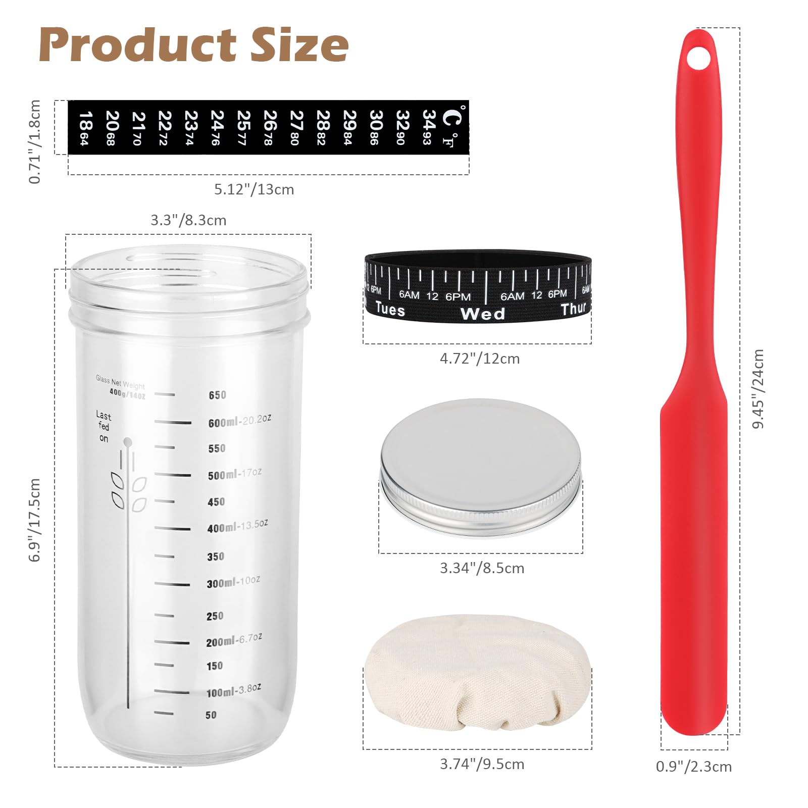 Tarro Masa Madre 730ml Kit Inicio Premium Medidor Crecimiento Termometro Adhesivo Tela Transpirable