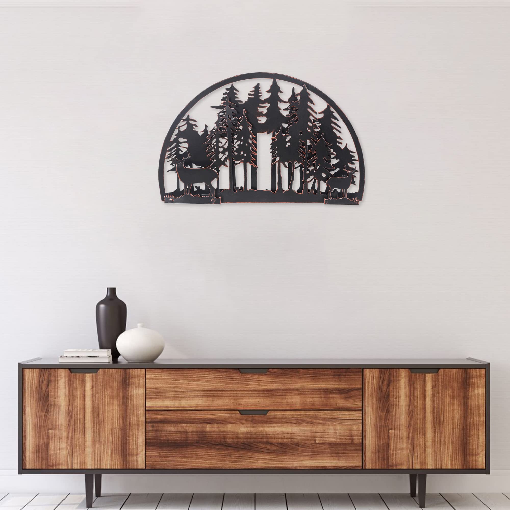 Adeco Christmas Elk and Pine Tree Metal Art Wall Decor for Living Room, Bedroom, Bathroom Indoor Outdoor, Deer in Forest Metal Wall Art 18.1