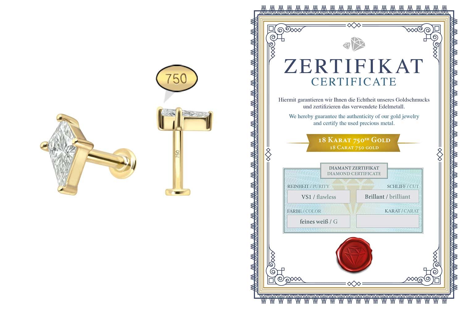 PIERCINGLINE Piercing Stecker 18 Gold Labret mit Innengewinde DIAMANT-SCHILD 750er Gold - Goldfarben