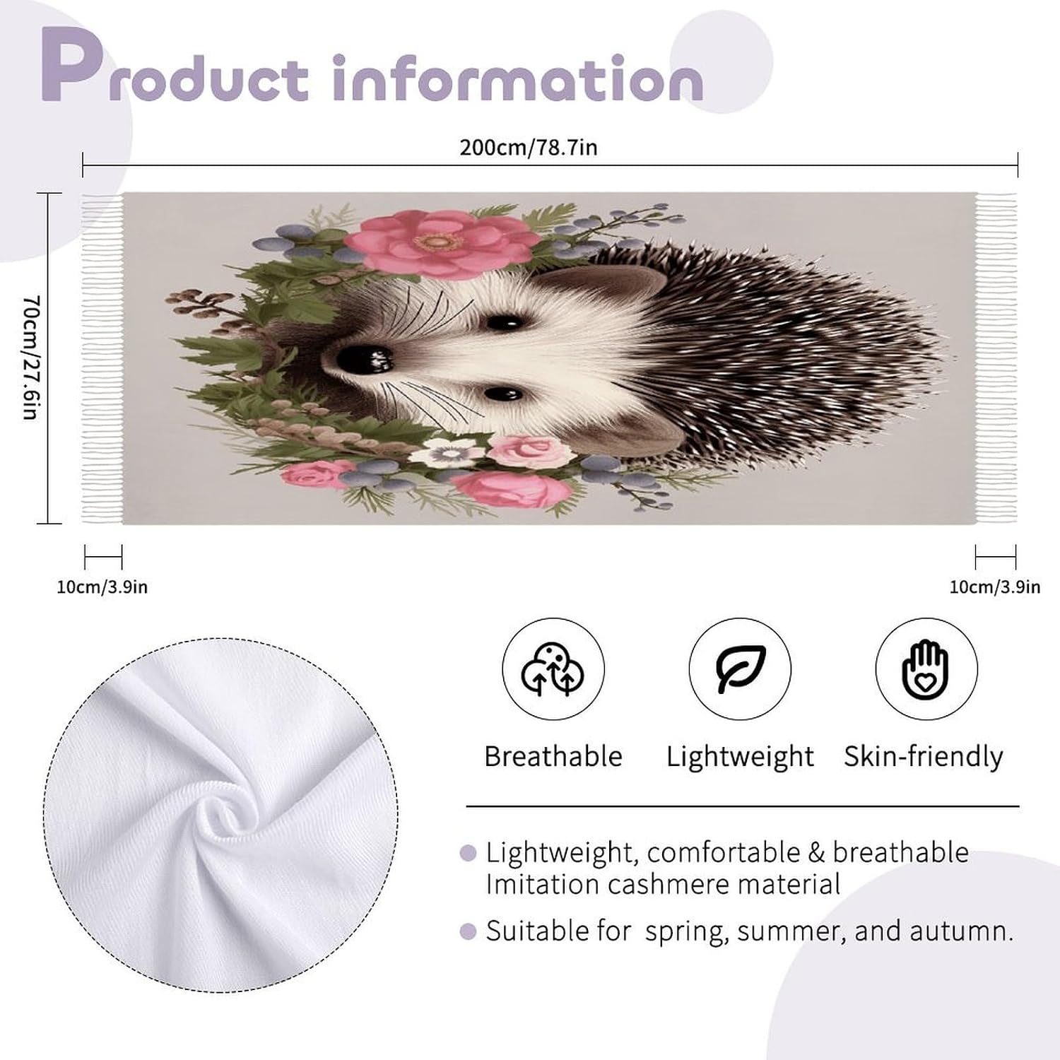 Hedgehog in Floral Wreath Scarf for Women Men Classic Fashion Blanket Scarves Soft Cashmere Feel Scarf Cold Weather Warm Long Shawl Winter Large Scarves Classic Blanket Scarfs Thick