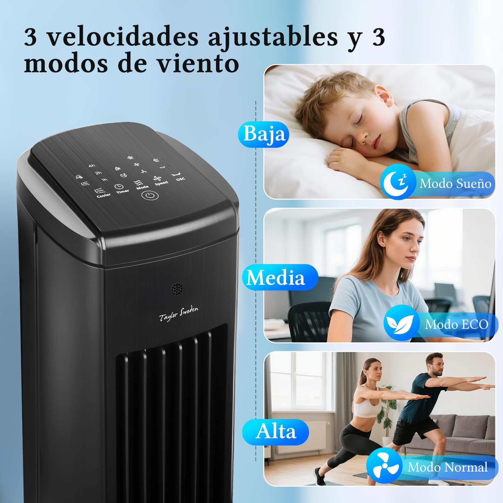 Taylor Swoden Climatizador Evaporativo Silencioso 5 en 1 con Tecnología ION y Difusor de Aromas, Enfriador de Aire, 5L, Oscilación 75°, 3 Velocidades/Modos, Temporizador 7h, Mando a Distancia, Negro