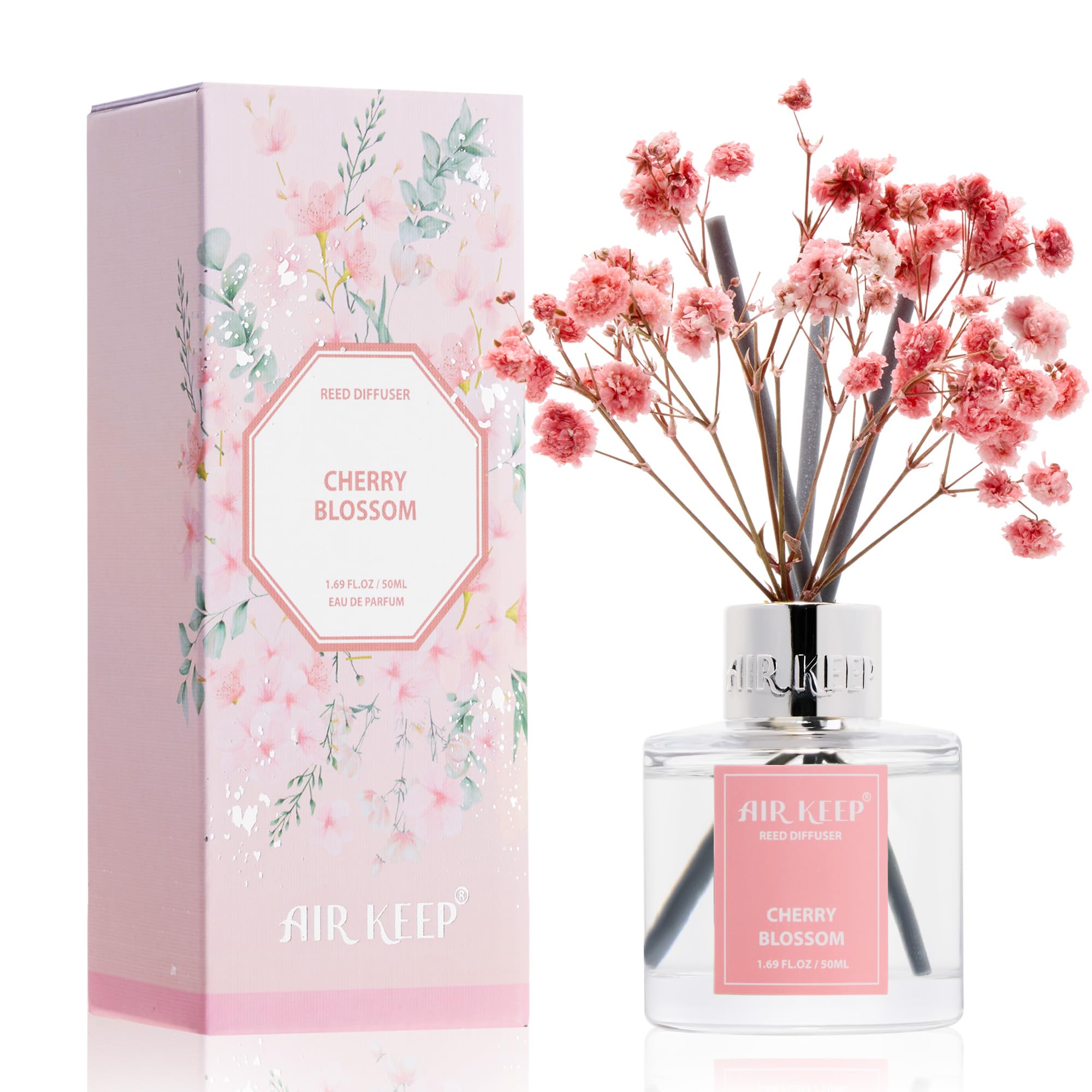Airkeep Reed Diffuser Set,1.69 fl oz (50 ml) - Cherry Blossom Oil Diffusers with 8 Reed Sticks,Home Fragrance Reed Diffuser for Bathroom Shelf Decor