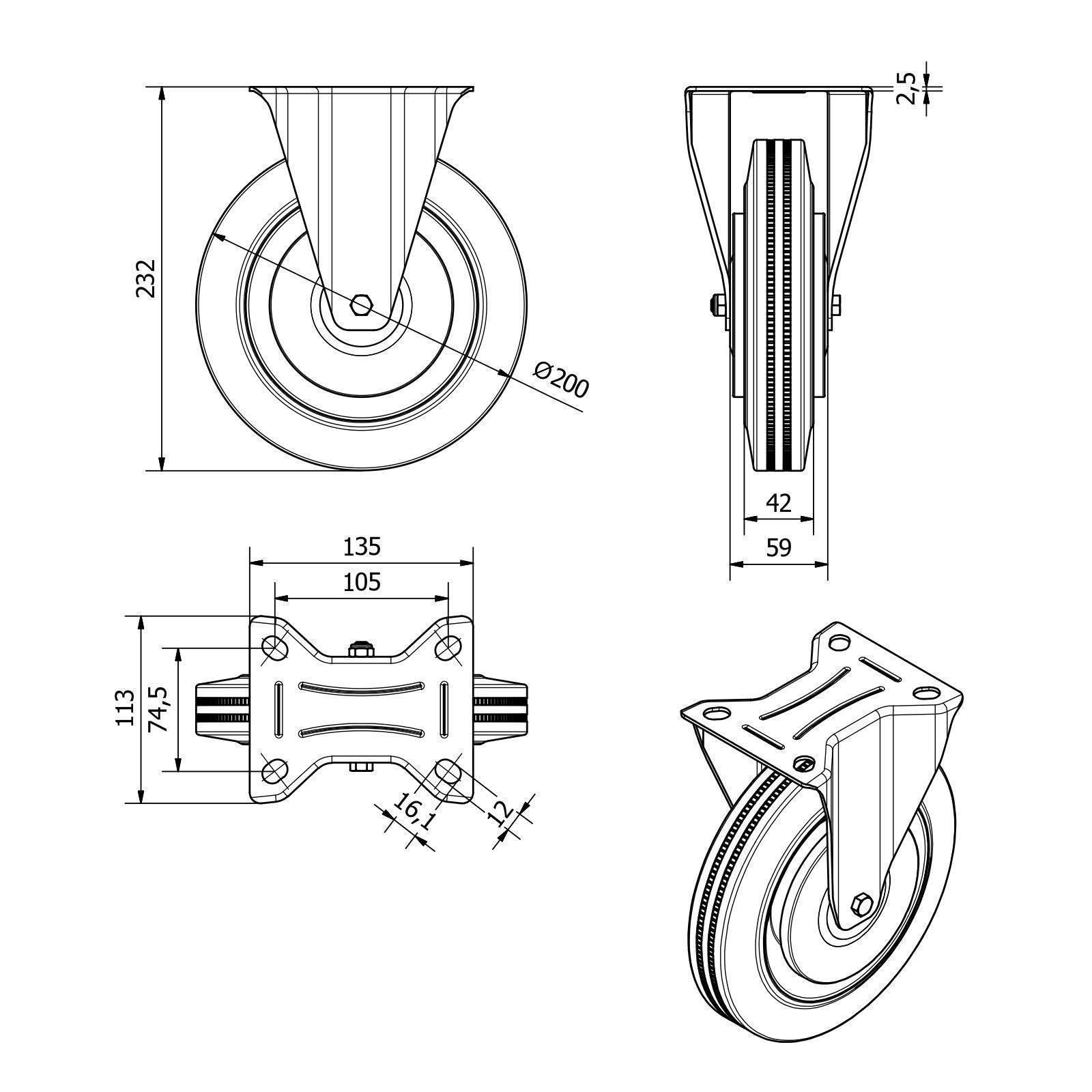 SOTOOLS 4er SET Schwerlastrollen FORTIX Ø 200 mm (2x Bock, 2x Lenkrollen mit Bremse) – Tragkraft 440 kg Gummirollen Ø 200 mm mit Panhead-Schrauben – solide & langlebig