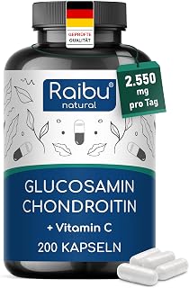 Glucosamin Chondroitin Hochdosiert - 200 Kapseln, 2550 mg Glucosamin Chondroitin pro Tag - mit Vitamin C für eine normale Kollagenbildung* - ohne unnötige Zusätze, frei von Laktose und Gluten