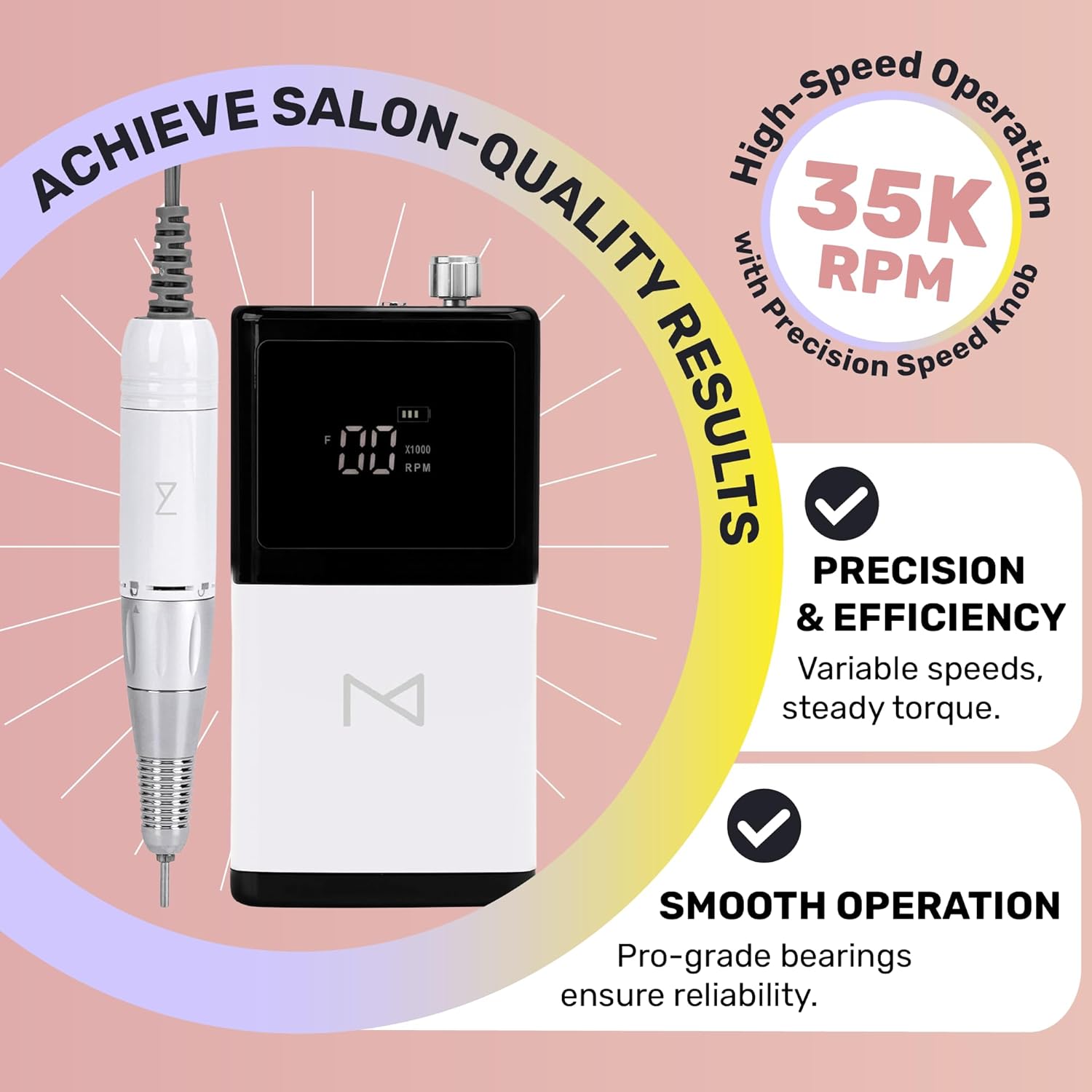 M - E-ZDrill Rechargeable Electric Nail Drill, 35k RPM, Smart Speed & Battery LCD, Portable Lightweight, Forward/Reverse, Aluminum Metal, Acetone Resistant Nail Drill (White)