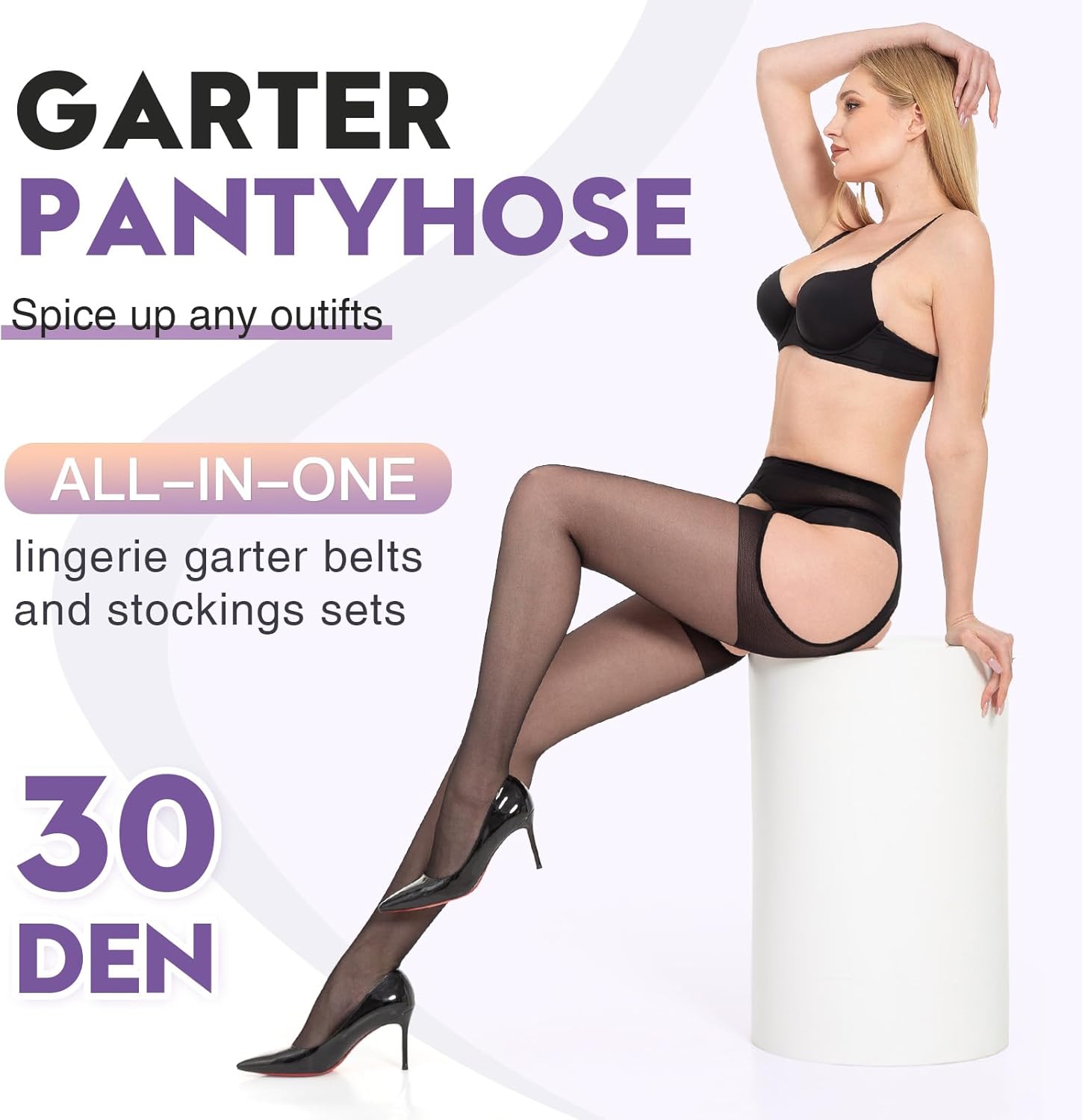 MANZI Suspender Tights for Women Sheer Garter Pantyhose Faux Lingerie Thigh High Stockings - Image 2