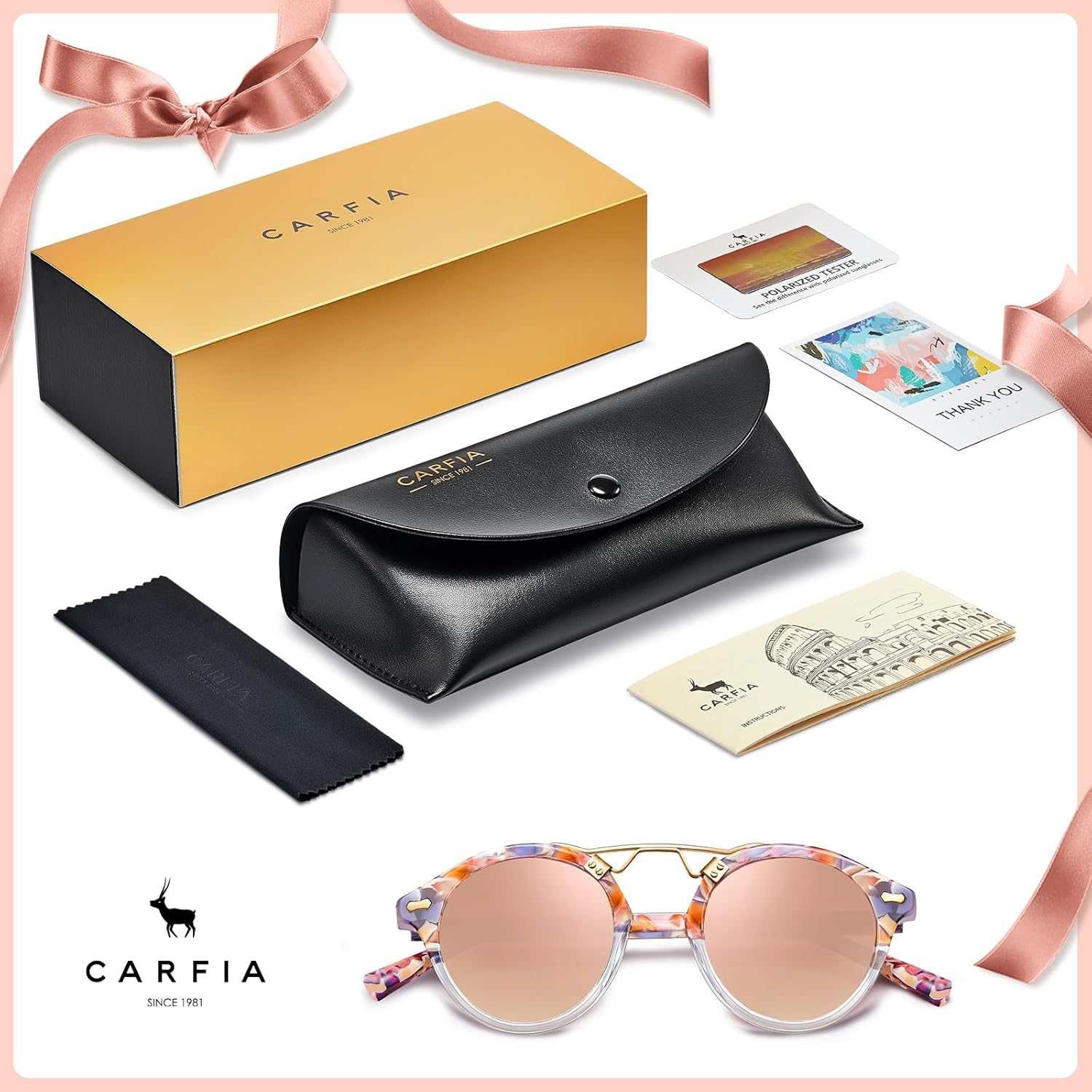 CARFIA Small Face Acetate Polarized Sunglasses for Women UV Protection, Retro Double Bridge Eyewears Metal Brow Round Sunnies - Image 5