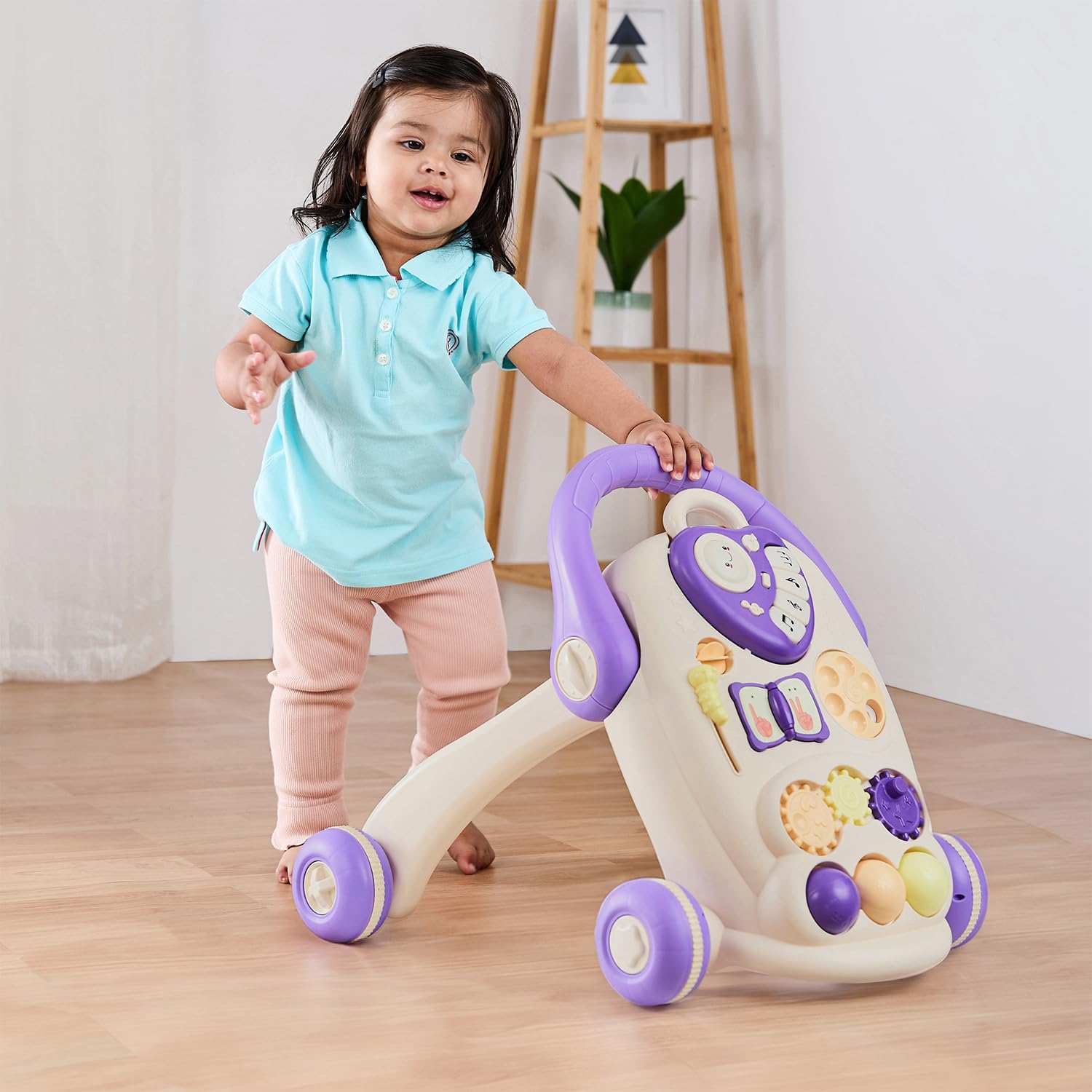 Amazon Brand - Supples Baby Walker with Music, LED Lights & Handle | Push Activity Walker with Water/Sand Tank for Stability | Learning Toy for Toddlers 9+ Months | Beige & Purple