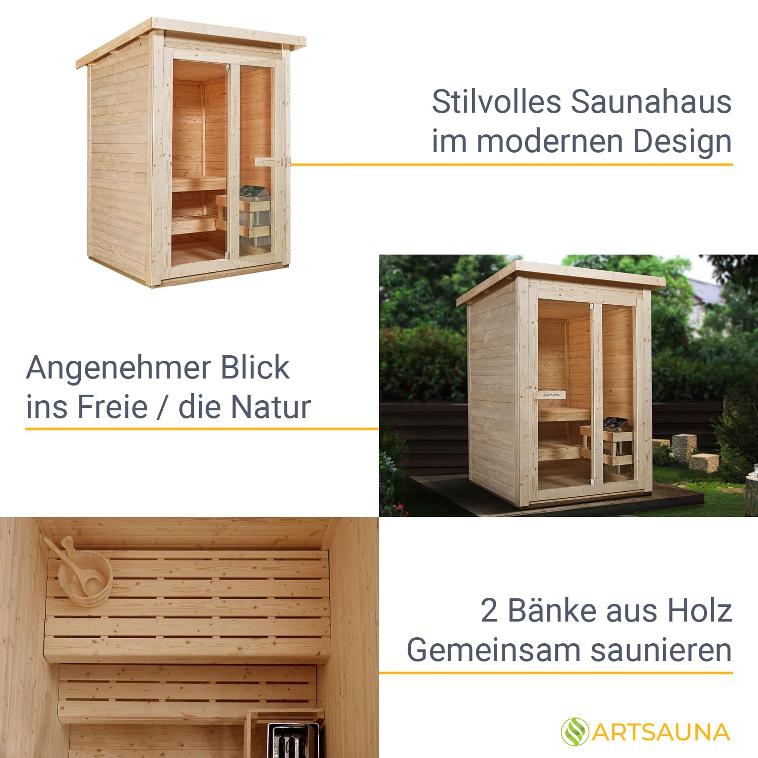 Artsauna Varberg Gartensauna 145 x 150 cm 4,5 kW Ofen Fichtenholz Outdoorsauna für 2 Personen Komplettset