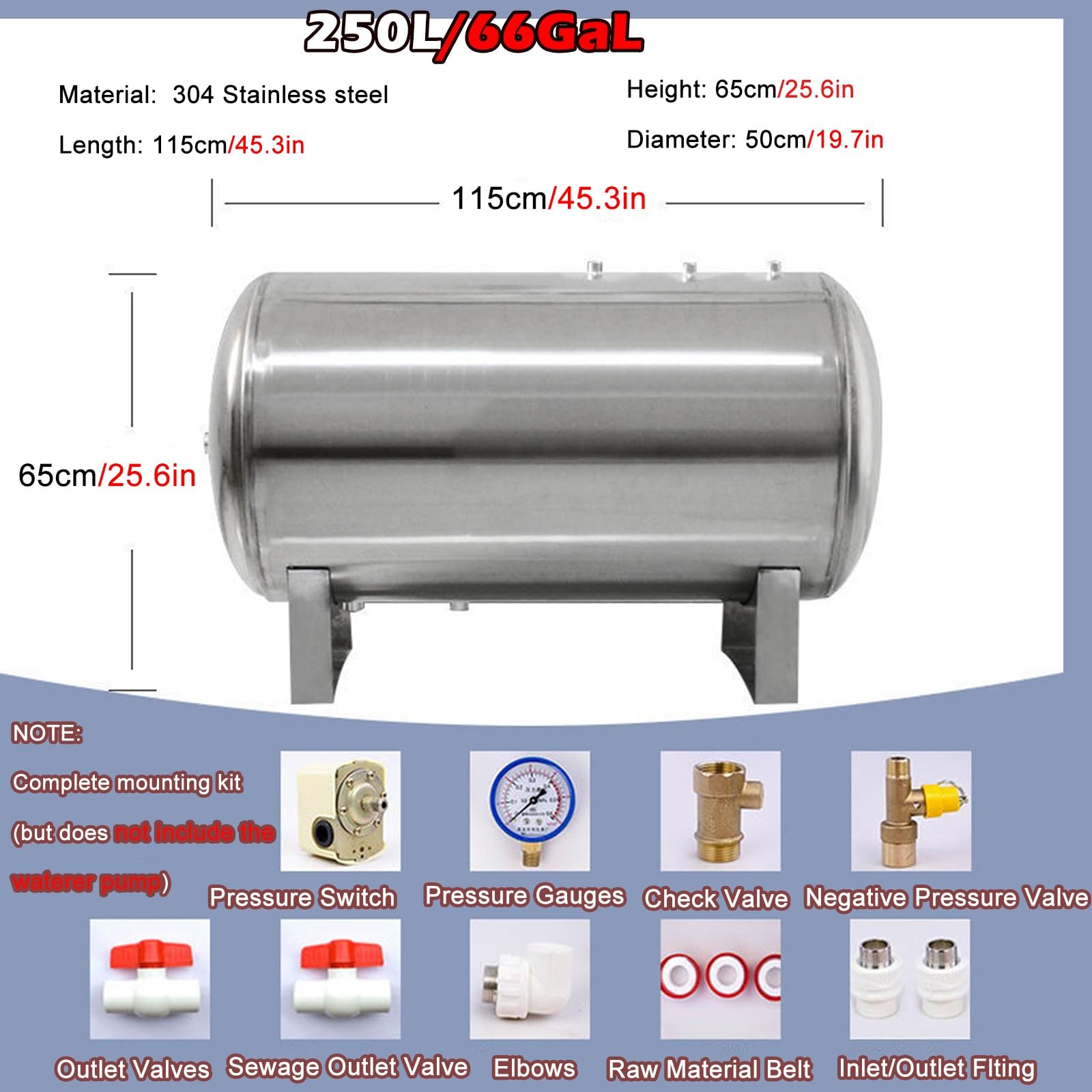 Tanque De PresióN De Pozo Tanque De Presión Para Sistemas De Agua, Tanque De Agua Presurizado Para Jardín, Tanques De Recipientes A Presión Con Válvula De Liberación De Aire(66Gal/250L)