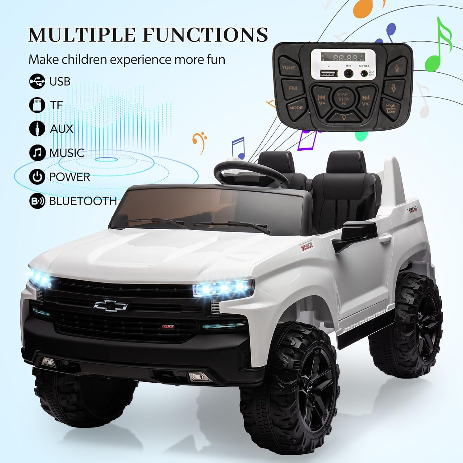 Hetoy 24V 2-Seater Truck Licensed Chevrolet Silverado Ride On Car Toy w/Parent Remote Control,4xSpring Suspension, 3 Speeds, Wireless Music, MP3 Player, Electric Vehicle Car for Kids, White