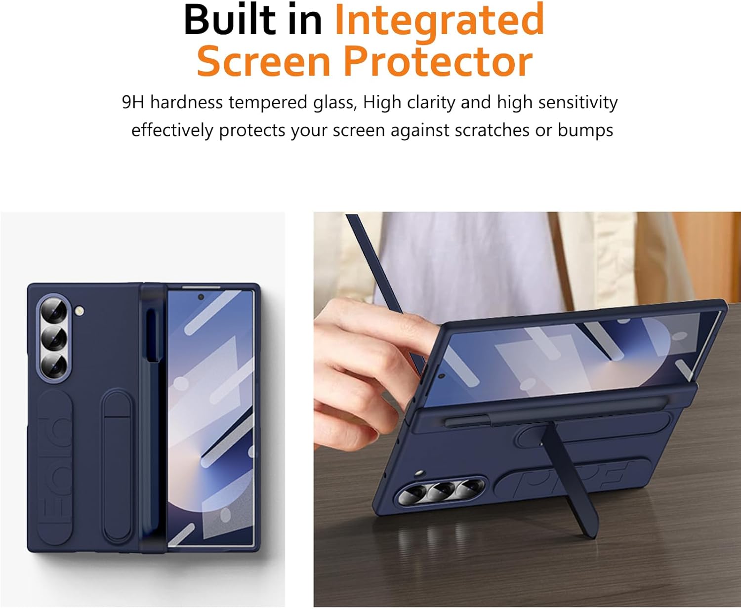 Samsung Galaxy Z Fold 6 Case with Finger Strap, S Pen Holder & Stylus, Kickstand, Hand Strap, Hinge Protection, Screen Protector, Blue