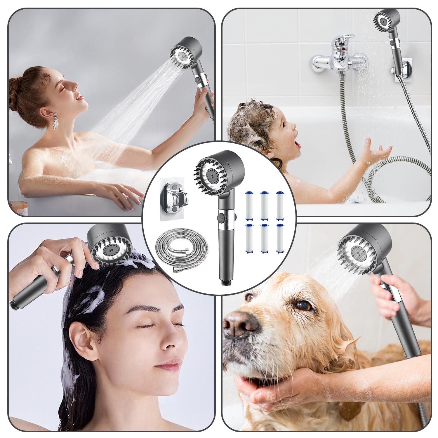 Soffione Doccia, Doccino per Doccia Alta Pressione Risparmio Idricocon con 2m Tubo Doccia, Soffione Doccia Anticalcare, 3+1 Tipi di Getti per Soffi-one Doc-cia ad Alta Pressione e Risparmio Idrico