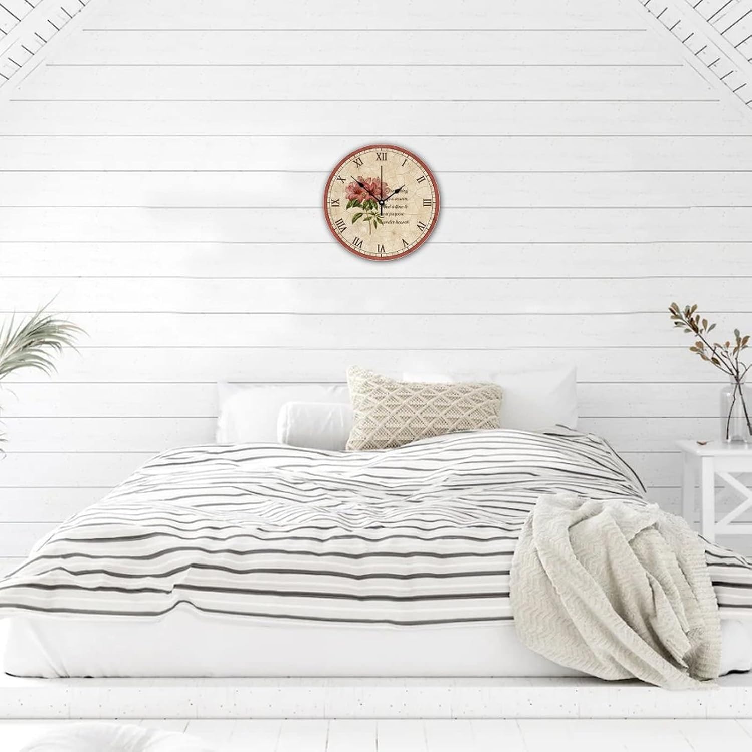 Silent Wall Clock Non-Ticking Sweep Movement Pink Lily Flower Country Wall Clocks Retro Wood Texture Artwork Wooden Wall Decor for Study Room Patio Pool 12 Inch