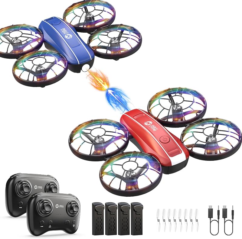 Mini dron HS210FS para niños principiantes, cuadricóptero RC interior de 2 jugadores con modo de batalla, volteretas de 360°, vuelo circular, modo sin cabeza, retención de altitud, luces LED, 4 baterías