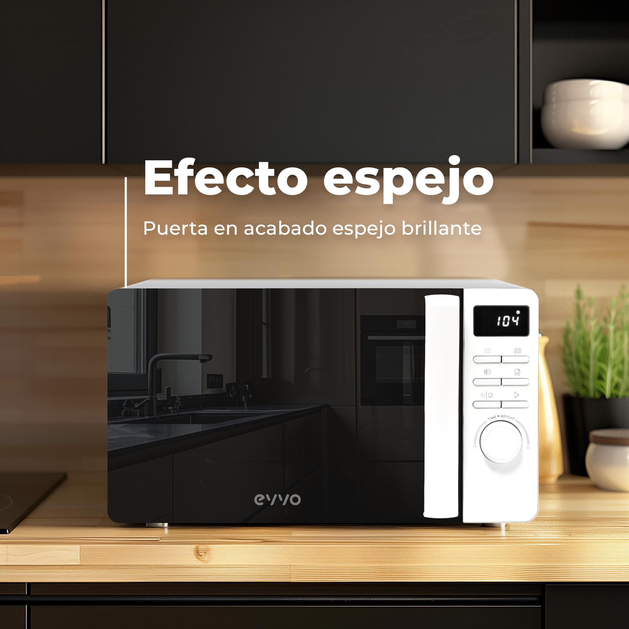 EVVO Microondas M20 White - Horno Microondas Libre Instalación con Función Grill, 800W, Capacidad 20l, Display Digital, Panel Control Táctil, Puerta Efecto Mirror, Bloqueo Infantil, Blanco