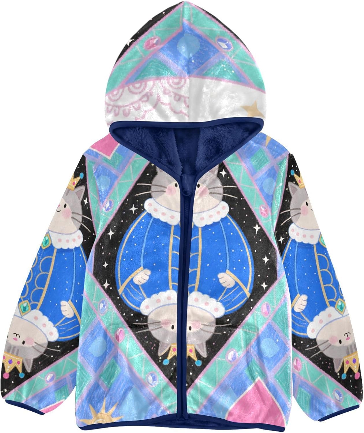 Cute Cartoon Grey Cat Jackets for Toddler Outerwear Jackets Navy Blue Baby Boys Hoodie