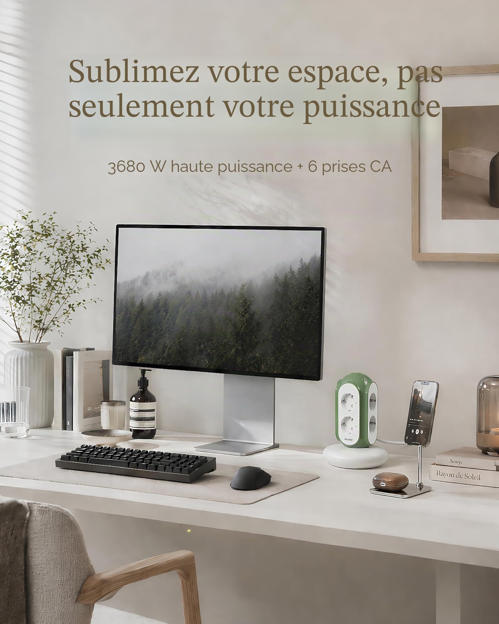 MiaoLab Multiprise Tour 6 Prises AC, 3680W/16A, Protection surtension 1420J, Base lestée 479g Anti-basculement, câble 2 m, Protection Surcharge (Beige Toscan)