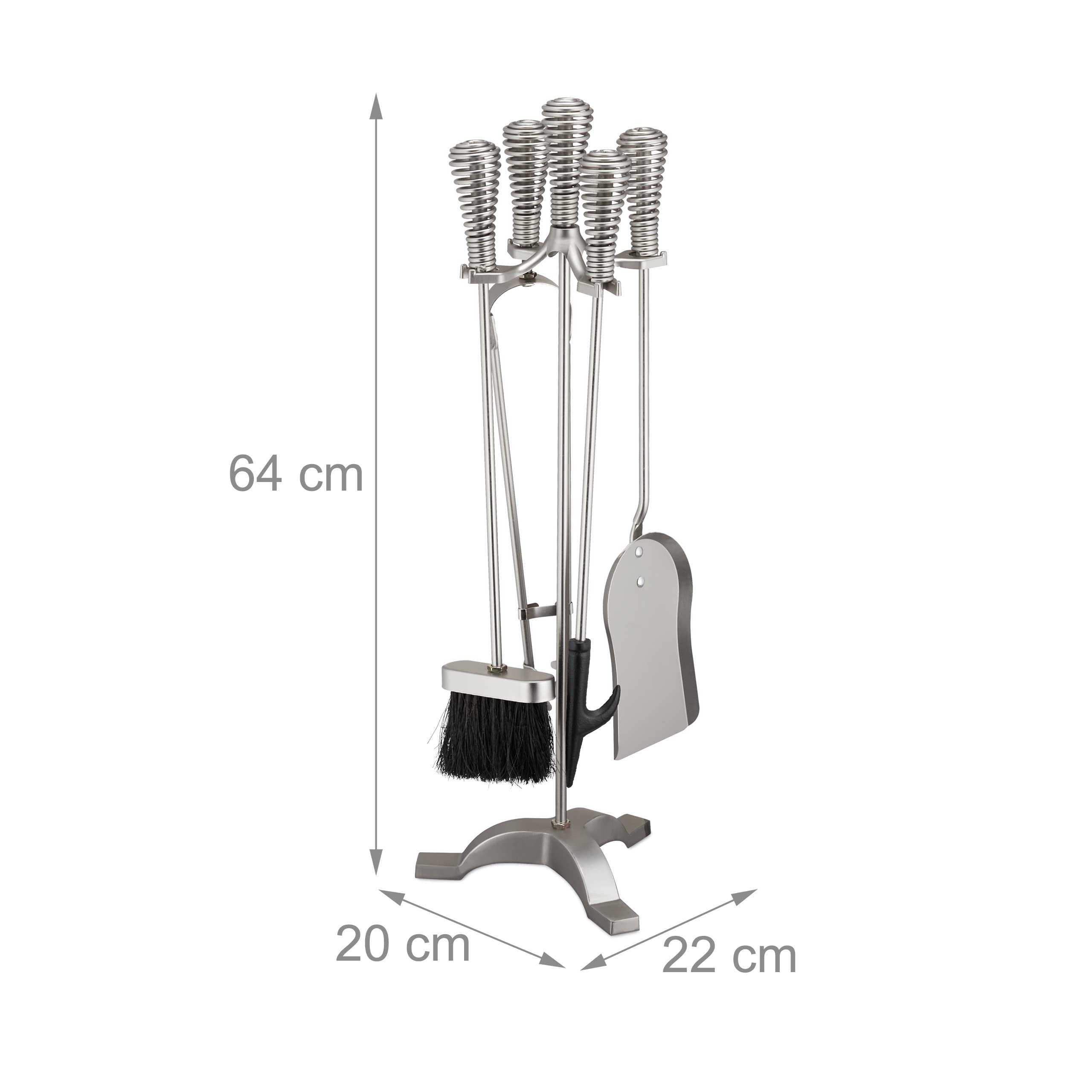Relaxdays Set Attrezzi da Camino, 5 Accessori, Attizzatoio, Paletta, Scopino, Pinza e Supporto Porta Utensili, Argentato