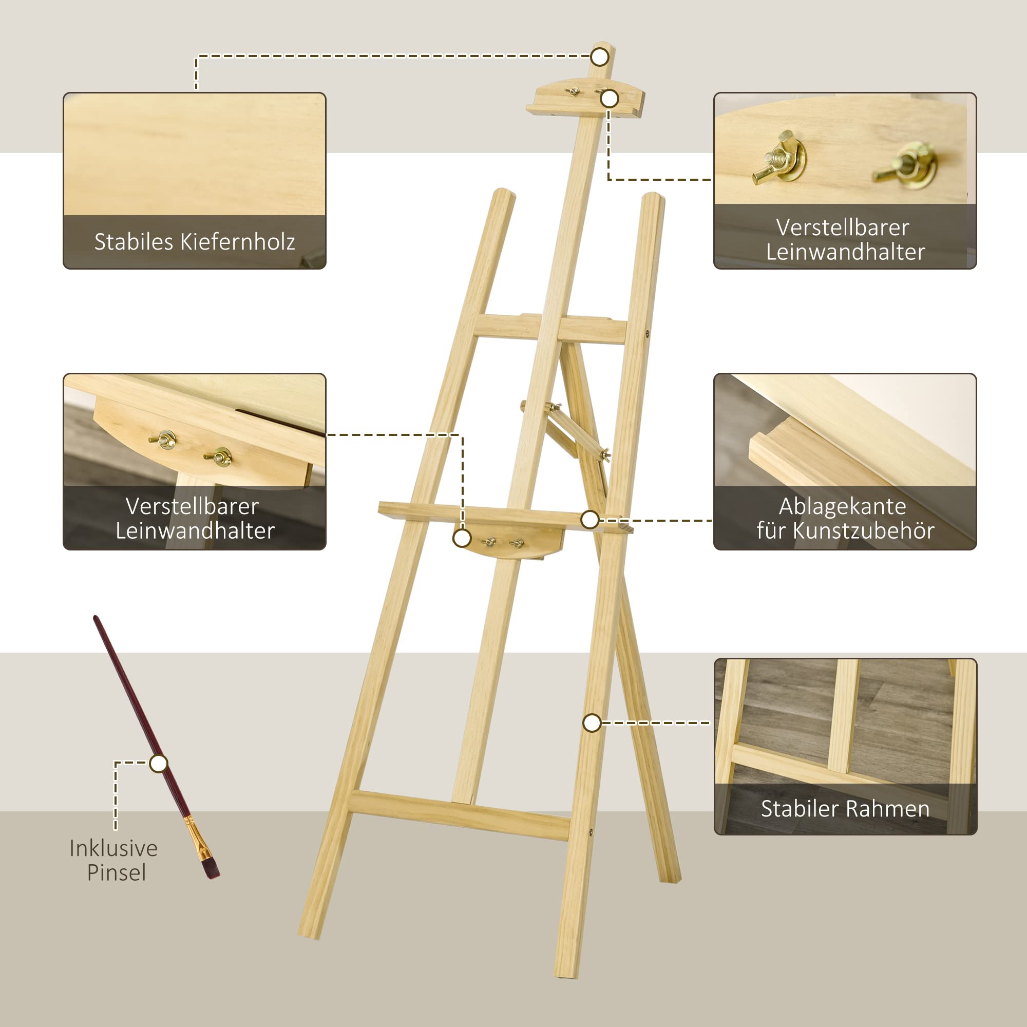 HOMCOM Staffelei Holz 134,5 cm hoch Holzstaffelei für Leinwände bis 108 cm Feldstaffelei Atelierstaffelei für Malerei, Skizze, Hochzeit, Ausstellung Natur