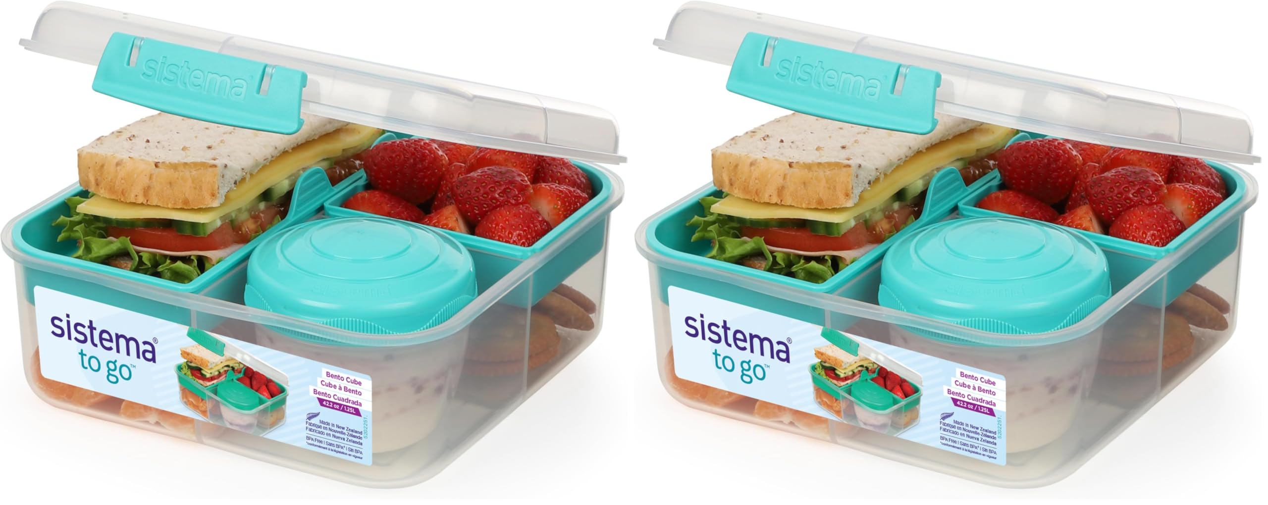 Sistema Bento Box TO GO Brotdose mit Fächern | 1,25 L Lunchbox mit Joghurt-/Fruchtbehälter | für Kinder & Erwachsene l | BPA-frei | Minty Teal [21685-8T], Mintgrün (Packung mit 2)