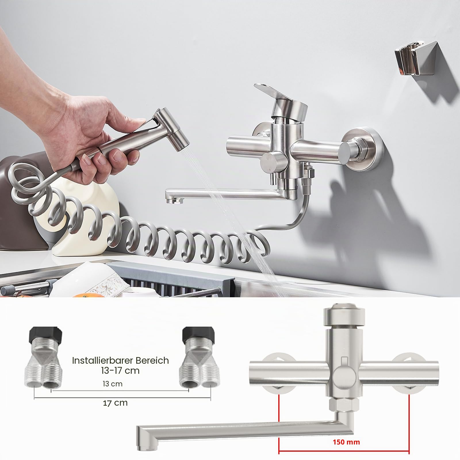 Wasserhahn Küche Wandmontage,Wandarmatur Küche mit Spritzpistole, 360° Drehbare Küchenarmatur Wandmontage Drehrohr 23cm,Gebürstet