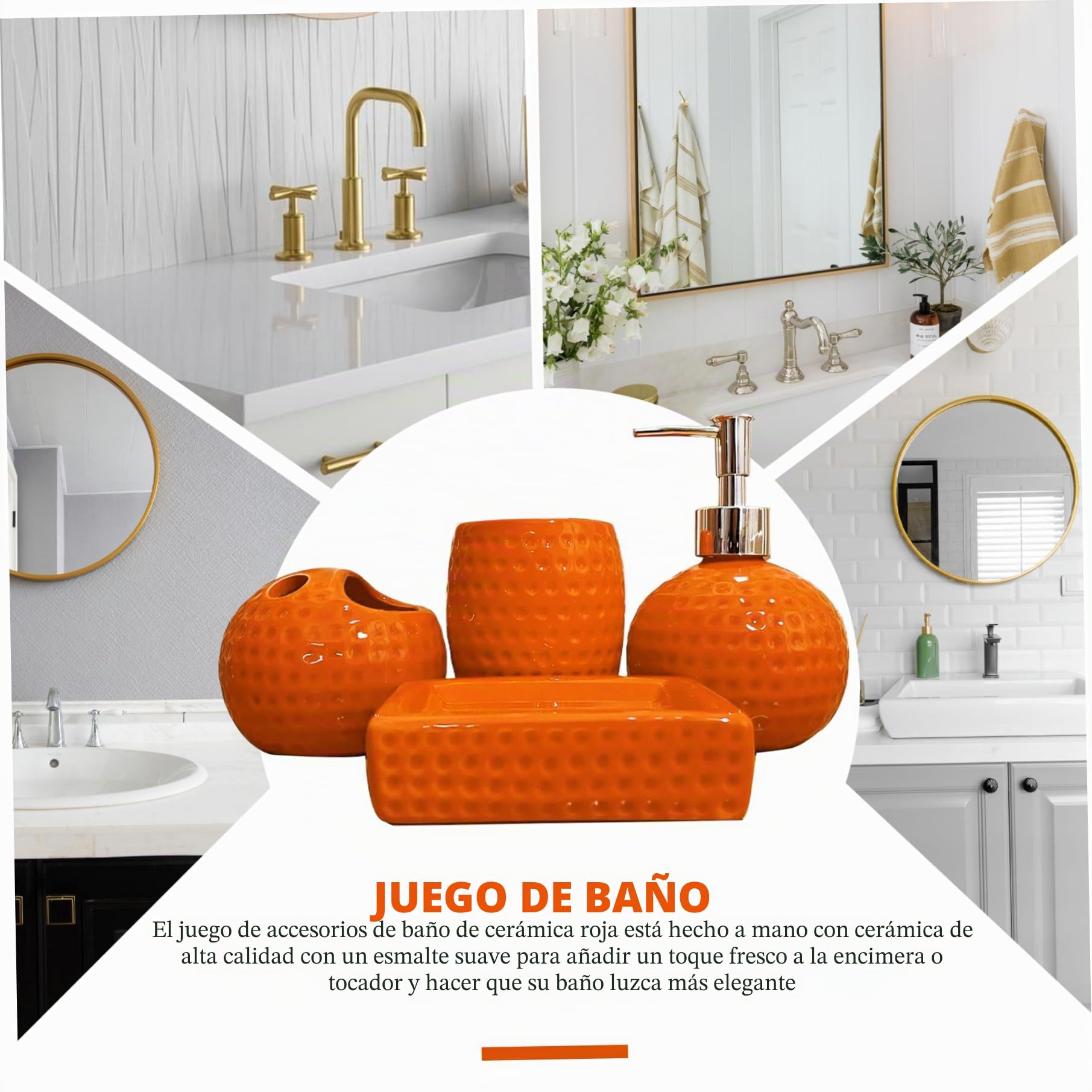 Juego de baño Naranja de 4 Piezas, Accesorios de baño de cerámica Naranja Que Incluyen portacepillos de Dientes, Vaso, dispensador de loción y jabonera para casa y Hotel.