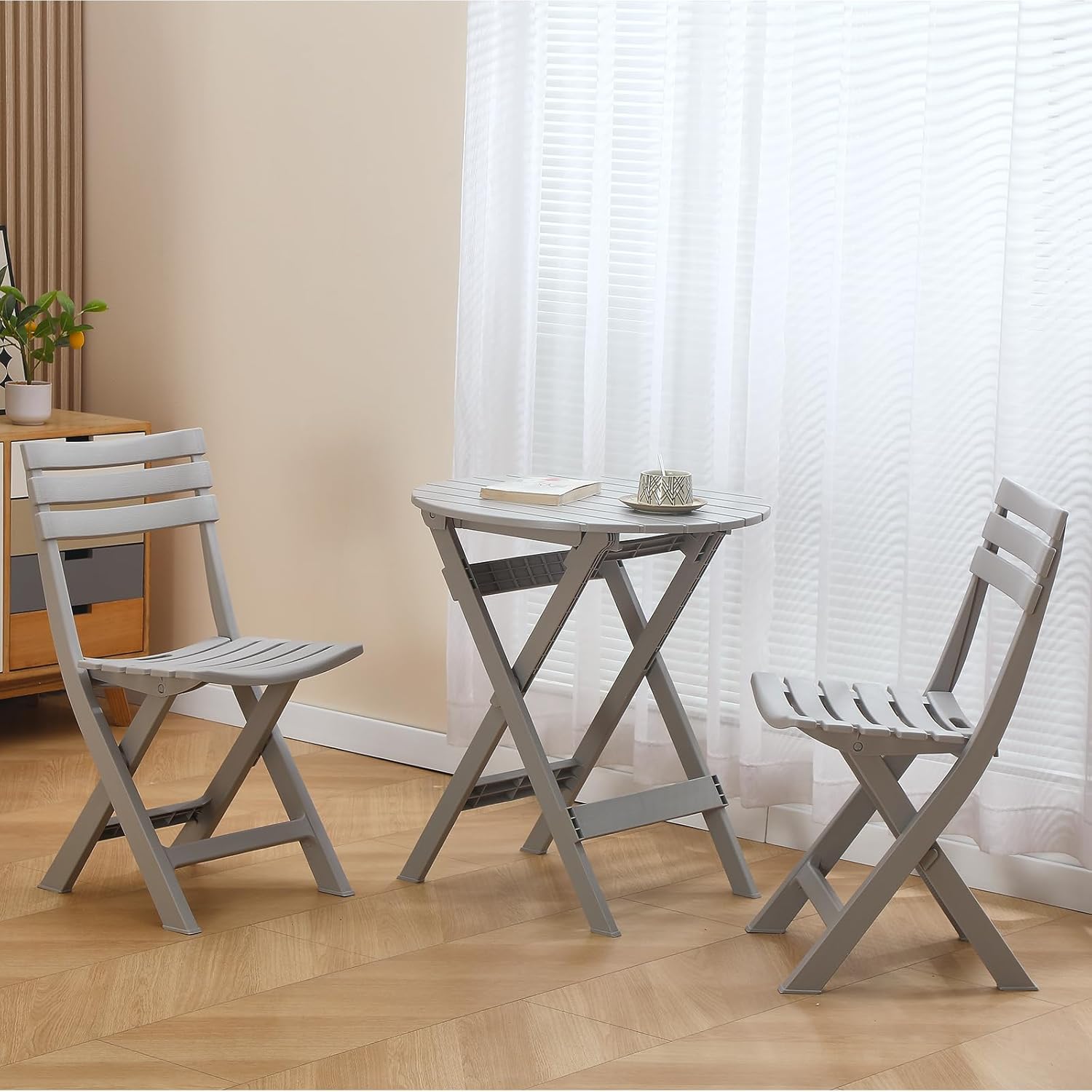 3 Piece Patio Bistro Sets, Gray, Foldable Patio Set, Bistro Table and Chairs, 2 Plastics Folding Chairs and Round Table for Outdoor Balcony, Porch, Lawn, Garden, Patio