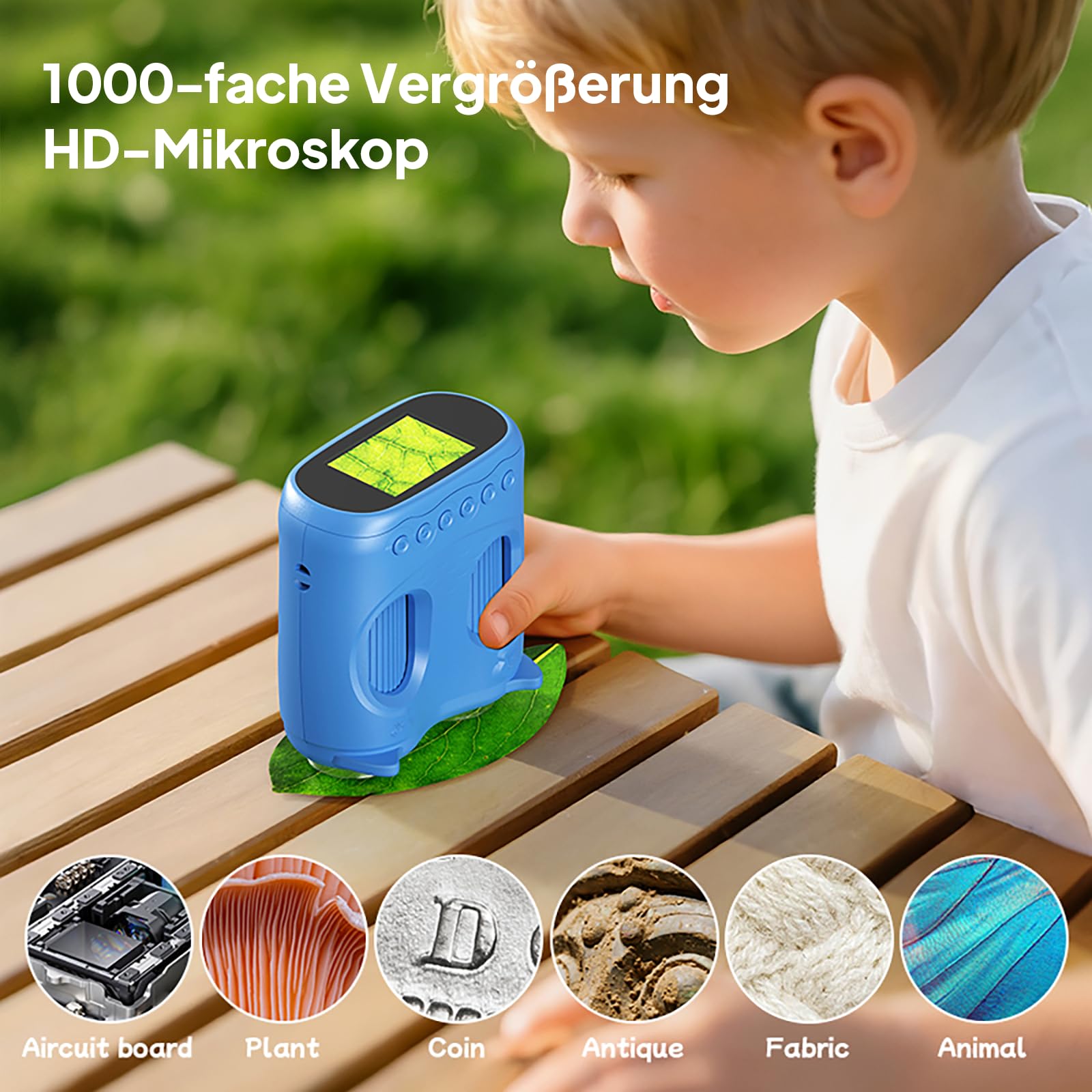 Ashfly Mikroskop für Kinder und Fernglas für Kinder, 1000X USB 2-in-1 tragbares Taschenmikroskop, 4K 2.0" Bildschirm, 10-facher Vergrößerung Kinderfernrohr, Science draussen ab ab 3 Jahren, Blau