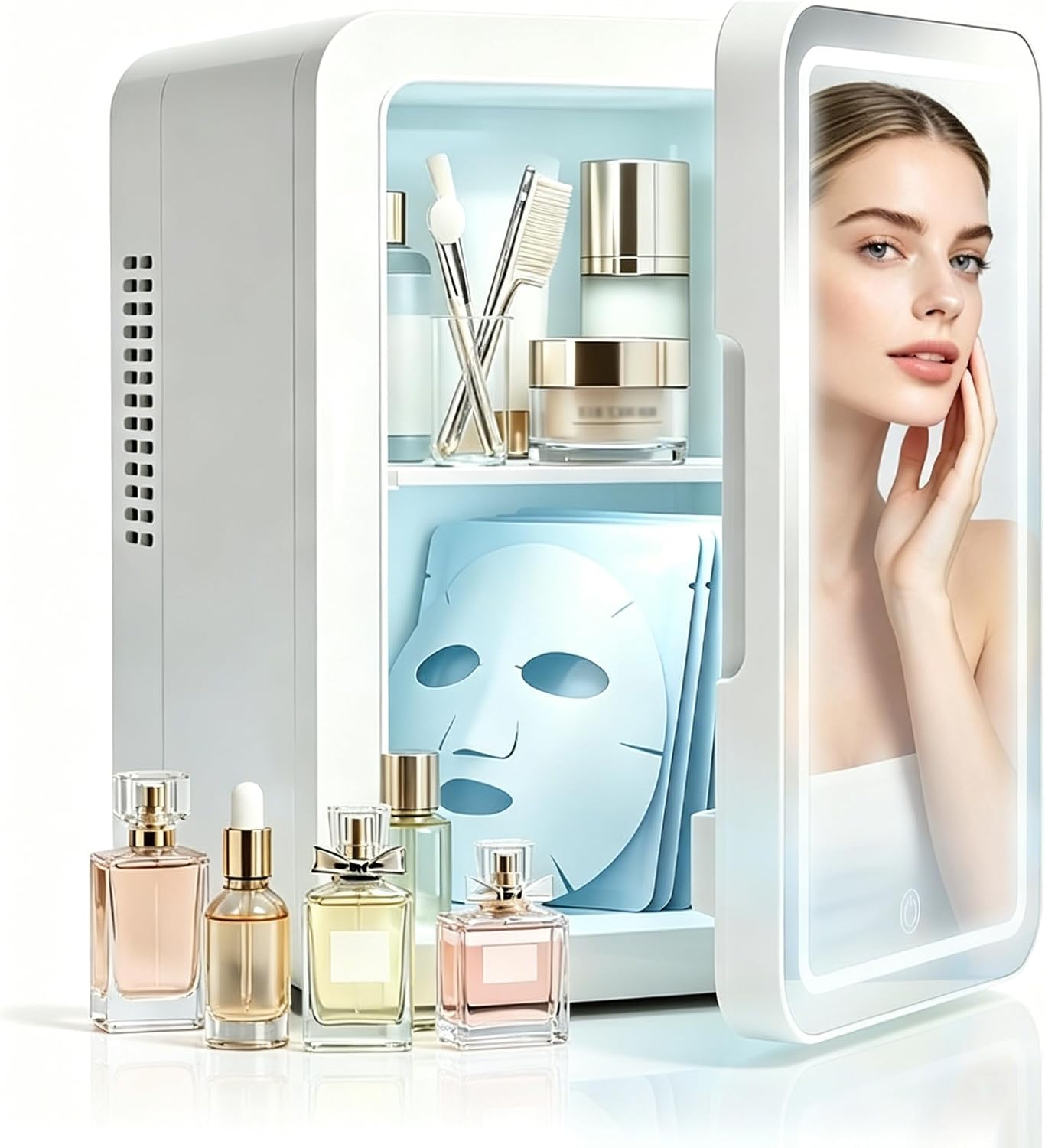 Lispin Skincare Fridge With Dimmable LED Light Mirror, 4L Makeup Mini Fridge for Bedroom, Home & Car, Portable Small Refrigerator