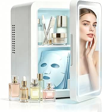 Lispin Skincare Fridge with Dimmable LED Mirror, 4L Mini Makeup Refrigerator for Bedroom, Home & Car