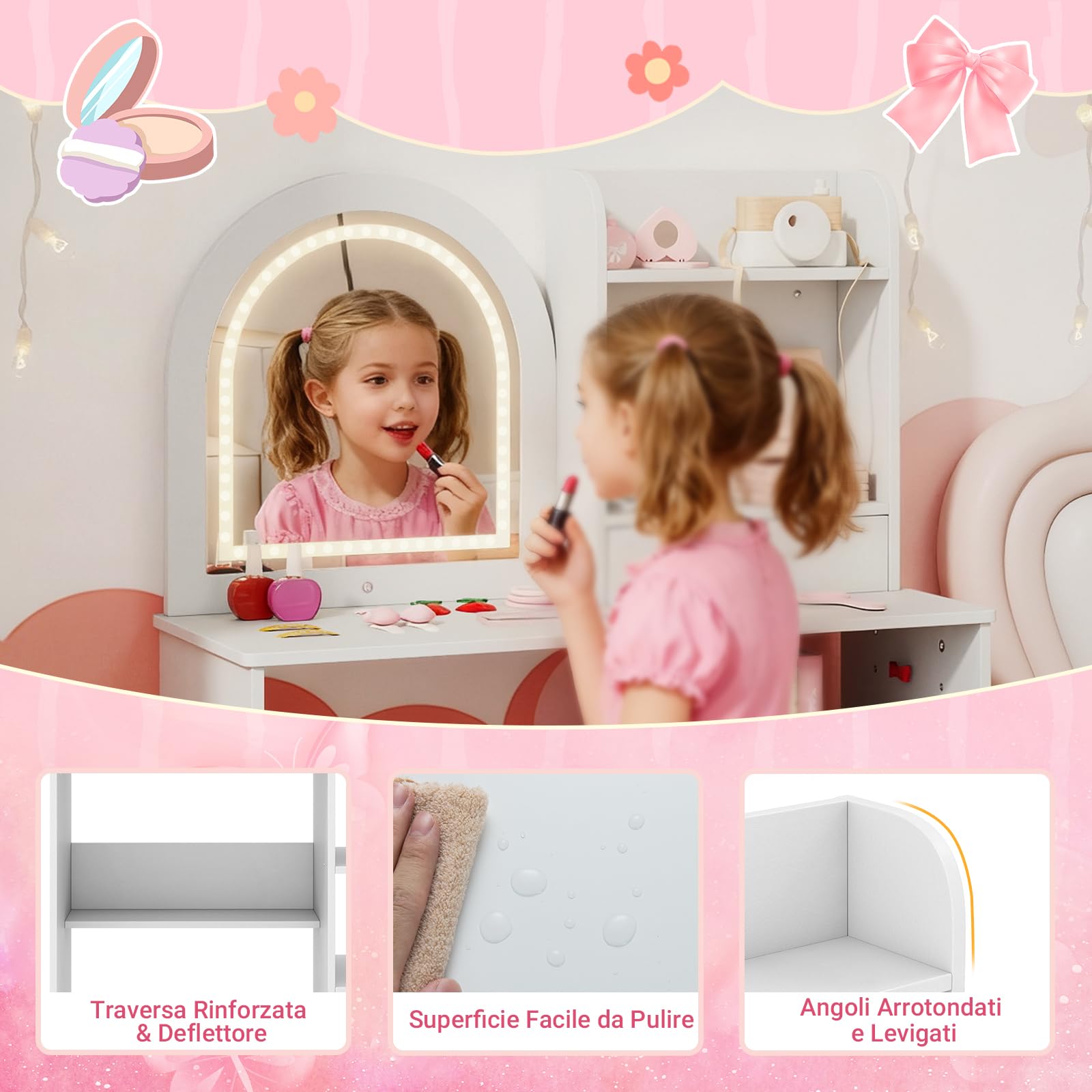 COSTWAY Toeletta Trucco per Bambina con Sgabello, Tavolo Trucco in Legno con Specchio Luci LED, Ripiani Aperti, 3 Ganci e Cassetto, Set Mobile da Principessa con 5 Giocattoli per 3+ Anni (Bianco)