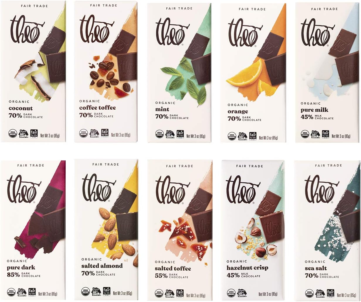 Theo Chocolate Organic Milk + Dark Chocolate Classic Sampler Variety 10 Pack | Fair Trade, Chocolate Gift