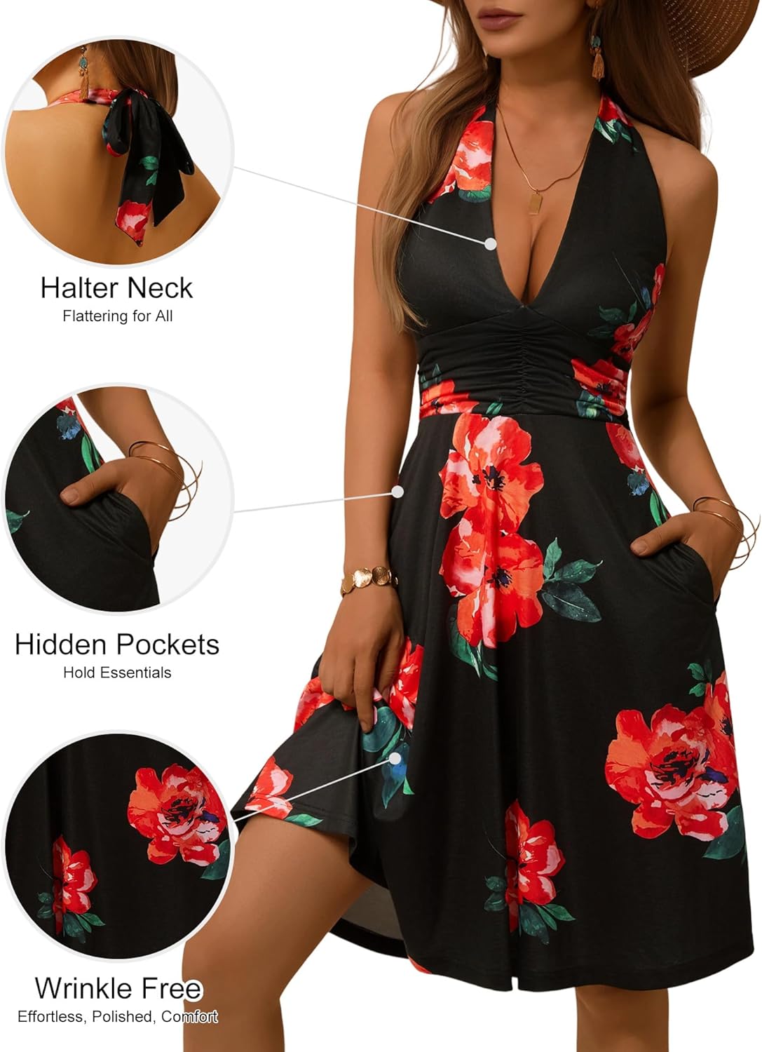 HUHOT Women's Summer Sundress Sleeveless Halter Neck Spring 2025 Floral with Pocket Elastic Waist Ruffle Mini Dresses - Image 4