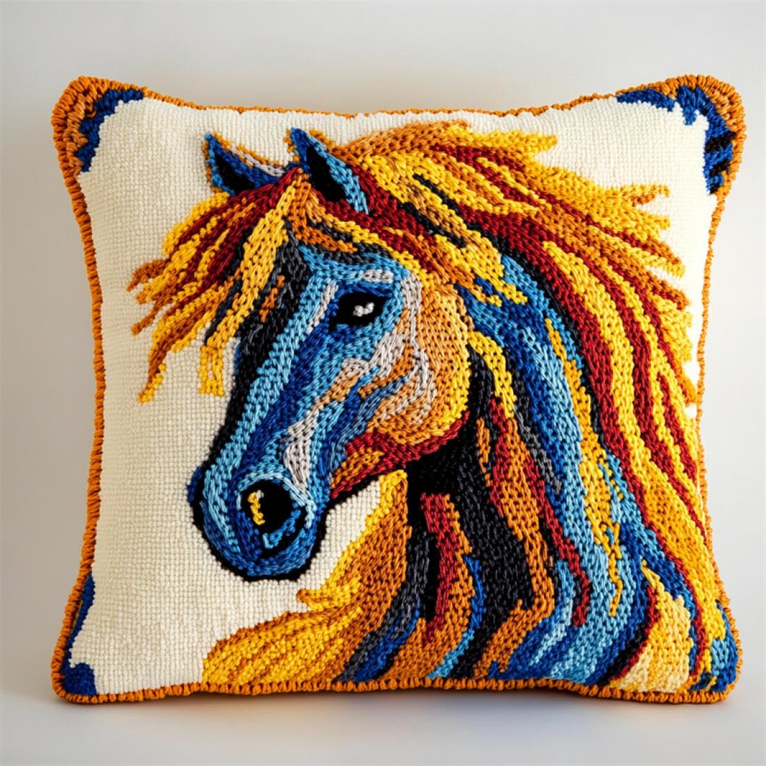 Kitquiver Animal Latch Hook Cushion Craft Kits Colorful Horse Crochet Needlework Crafts with Latch Hook Tool for Adults DIY Handmade Home Cushion Kits Decor 17x17In