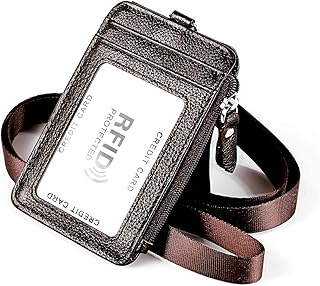 Aslana Genuine Leather ID Badge Card Holder with Lanyard RFID Blocking Protection (A2- Expresso)