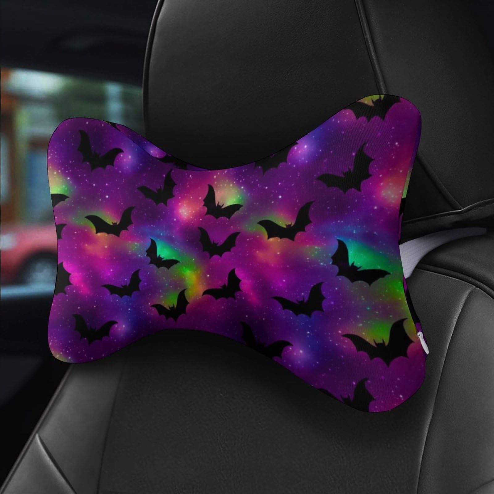 SMAZDFXX Neon Purple Bats Halloween Car Neck Pillow Set of 2 Car Seat Head Support Cushion Bone Pillows with Elastic Strap