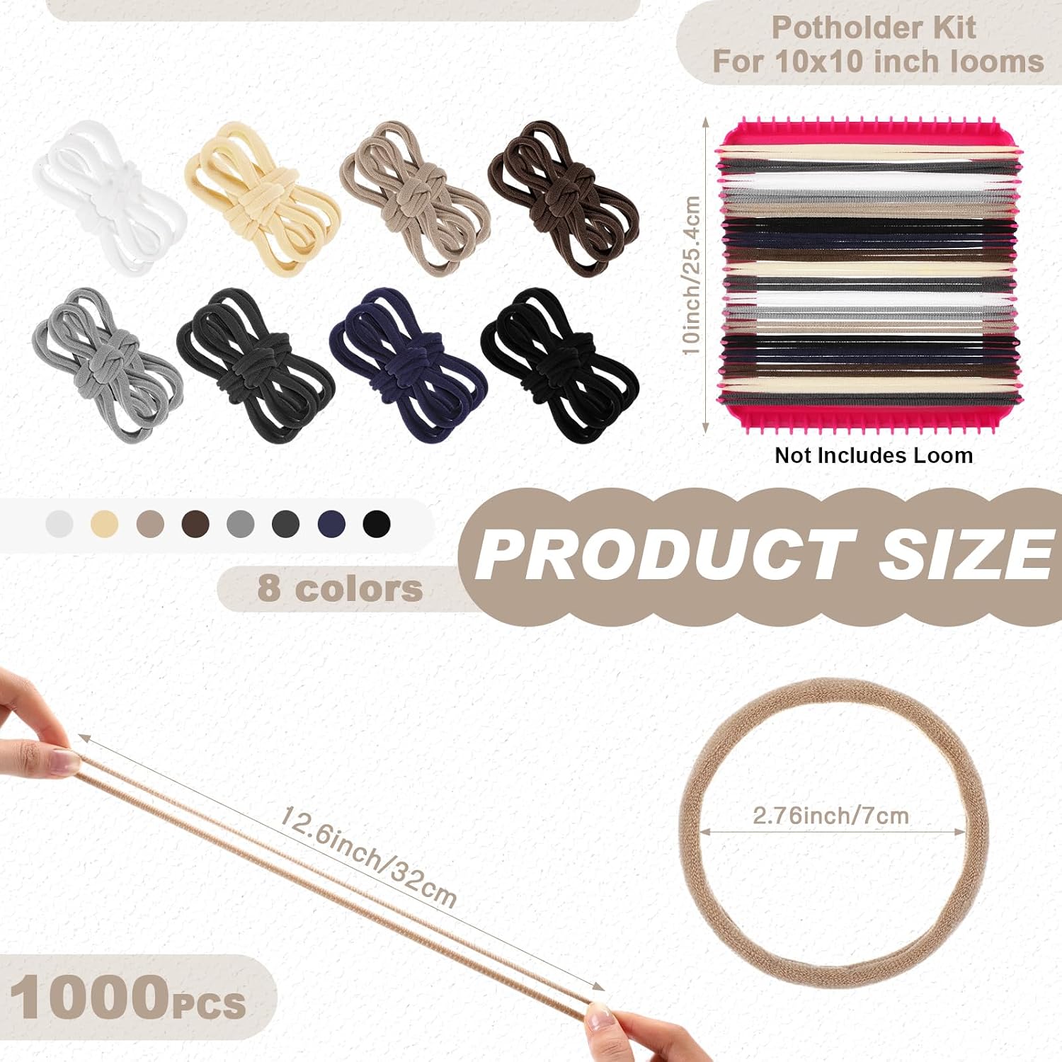 Daifunli 1000 Pcs 10 Inch Potholder Loom Loop Bulk, Weaving Loop Craft Kit, Flexible Potholder Loom, Complete Kit to Weave 18 Large, Refill Elastic Colorful Weaving for DIY Crafts (Neutral)